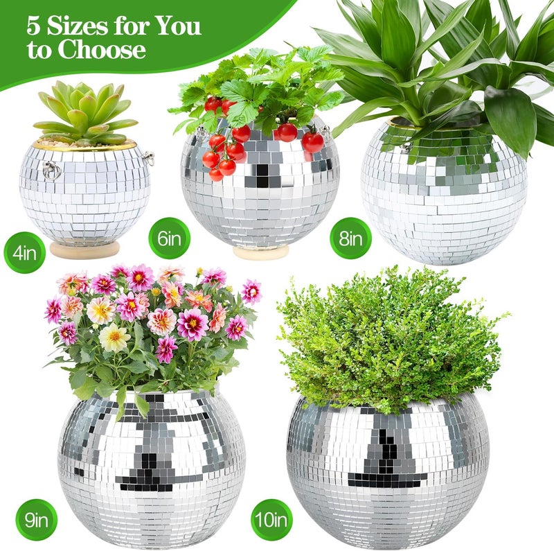 FGBNM Disco Ball Planter, 1pcs 9” Silver Disco Ball Planter, Disco Ball Plant Hanger with Hanging Rope, Hanging Chain, Hook, Circle and Extra Mirror Pieces - Image 2